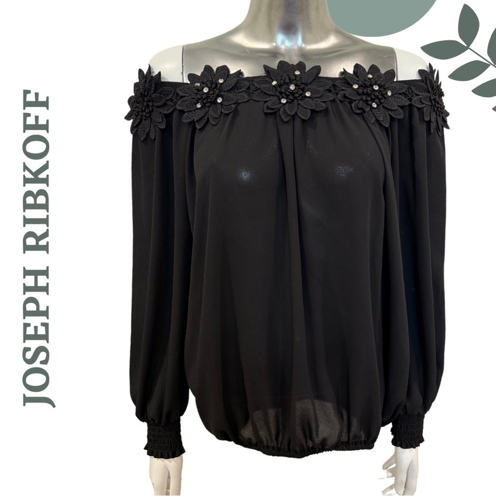 Off-Shoulder Joseph Ribkoff Top with 3D Floral Detail | Long Sleeve | Size 4